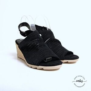 Eileen Fisher Aura Suede Slingback Espadrille Wedges Black Women 9